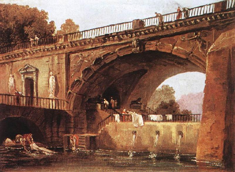 ROBERT, Hubert Washerwomen below a Bridge France oil painting art